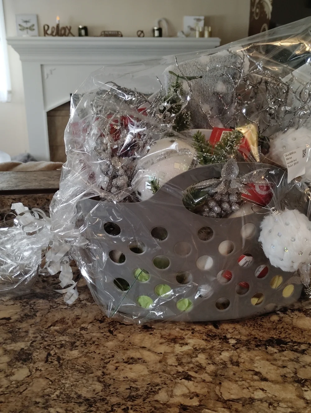 Silver and white festive Christmas holiday themed gift basket